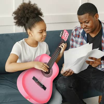 ADM Beginner Acoustic Classical Guitar 34 Inch Nylon Strings Wooden Guitar Bundle Kit for Kid Boy Girl Student Youth Guitarra Online Lessons with Gig Bag, Strap, Tuner, Strings, Picks, Pink image 8
