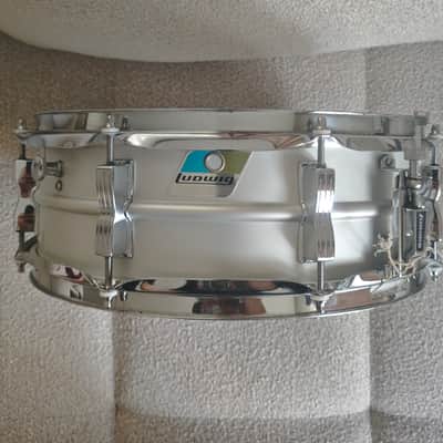 Ludwig No. 404 Acrolite 5x14" 8-Lug Aluminum Snare Drum with Pointed Blue/Olive Badge 1969 - 1979 - Matte Aluminum image 1