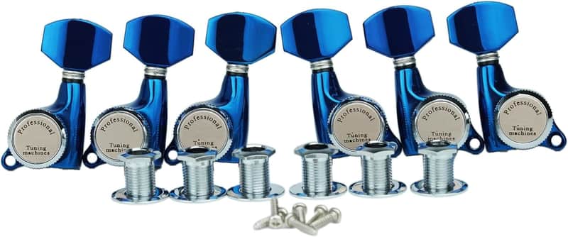 Guitar Locking Tuners (3L + 3R Handed) - 1:18 Ratio Lock String Tuning Key Pegs Machine Heads with Hexagonal Handle Replacement for LP SG Style Electric, Folk or Acoustic Guitars- Blue Chrome image 1