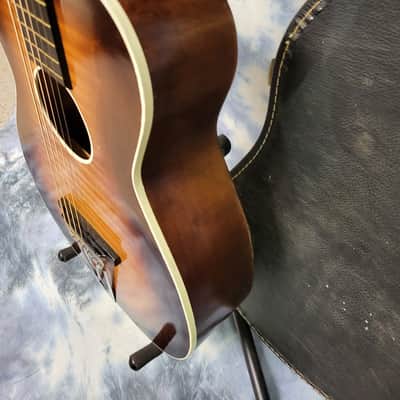 Vintage 1963 Regal by Harmony Stella 3/4 Size Parlor Guitar Faux Tiger Stripe Neck Reset Pro Setup New Strings Original Soft Shell Case image 6