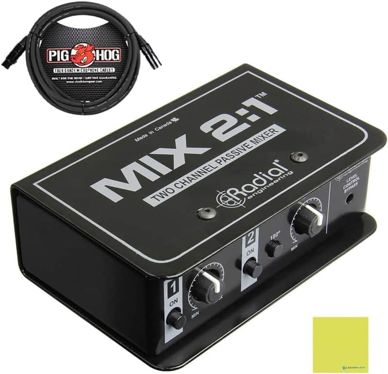 Radial Engineering Mix 2:1 Two-Channel Audio Combiner & Mixer Bundle with Pig Hog 10ft Microphone Cable and Liquid Audio Instrument Polishing Cloth - 2 Channel Mixer, Audio Merger image 1