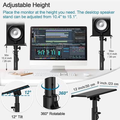 Pair of Studio Monitor Speaker Stands with 12° Tilt, Height Adjustable 10.4"-15.4", Heavy Duty Desktop Desk Clamp Mount for Monitor Speakers, Laptop, Projector & CD Player image 2