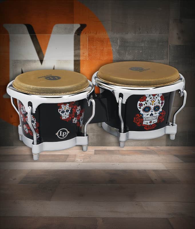 Latin Percussion LP Karl Perazzo Signature CCII 7-1/4"-8-5/8" Fiberglass Bongos - Sugar Skull Artwork with Chrome Hardware (LP794X-KP) image 1