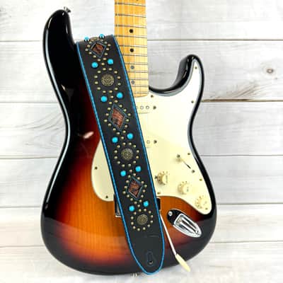 Walker & Williams GTR-20-BLU Sedona Special Turquoise Blue On Black Padded Strap With Brass Studs & Rivets For Acoustic Electric And Bass Guitars image 4