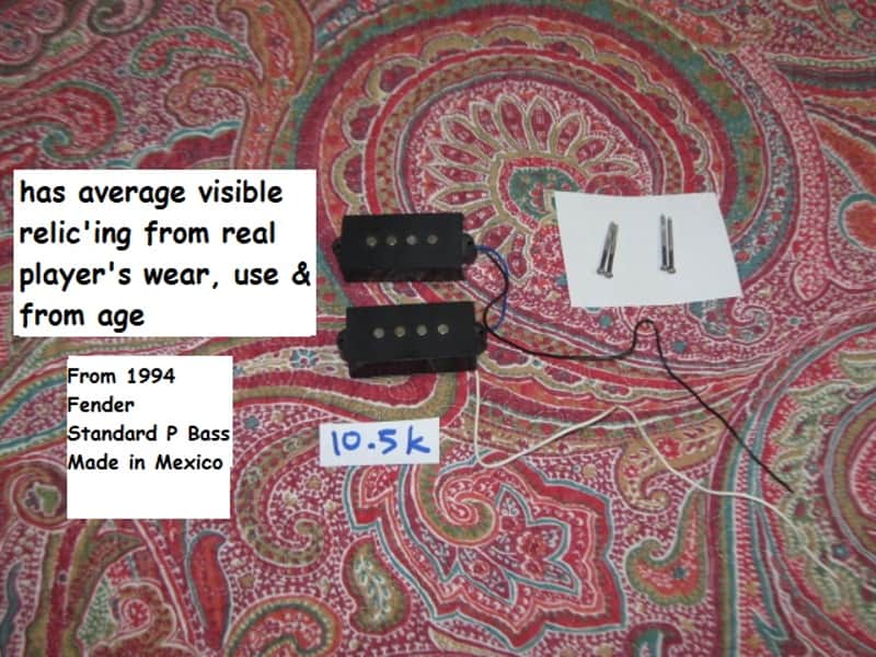 used relic'd (from real player's wear, use, & age) Fender Black Split-Coil Mexican Standard Precision Bass pickups, Alnico 5, 10.5k fully functional (silver screws included - also relic'd) from 1994 Fender Mexican Standard P Bass (Bass NOT included) image 1
