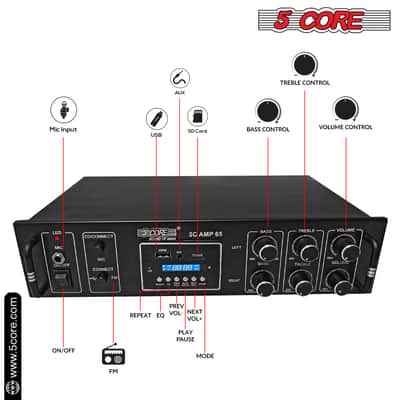 5 Core Amplifier 65W RMS Hi-Fi Stereo Power Amplifiers with USB AUX MIC SD Card Input Speaker Bass and Treble Control Music Player Sound Amplifier for Car Home Garage- 5C AMP 65-5C AMP 65 image 5