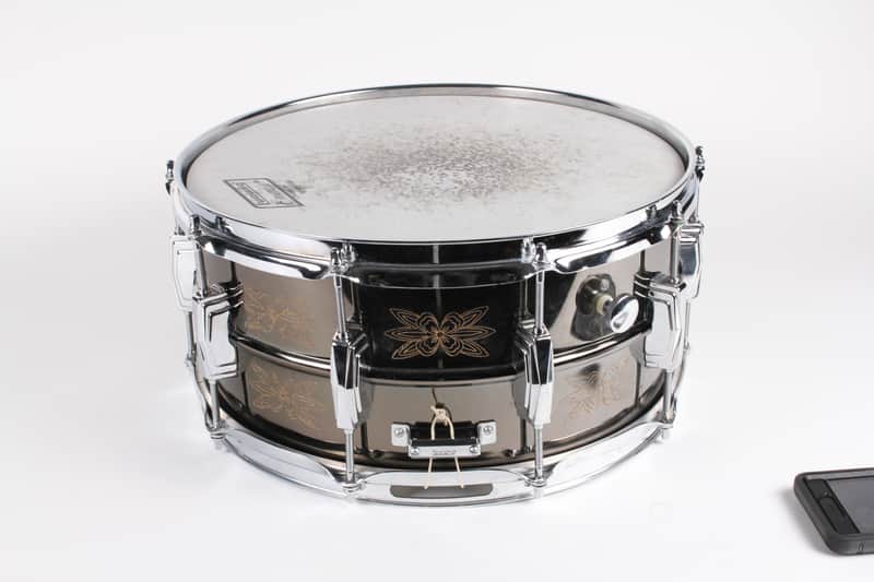 Ludwig No. 451 Engraved Black Beauty 6.5x14" Brass Snare Drum with Rounded Blue/Olive Badge 1979 - 1980 image 6