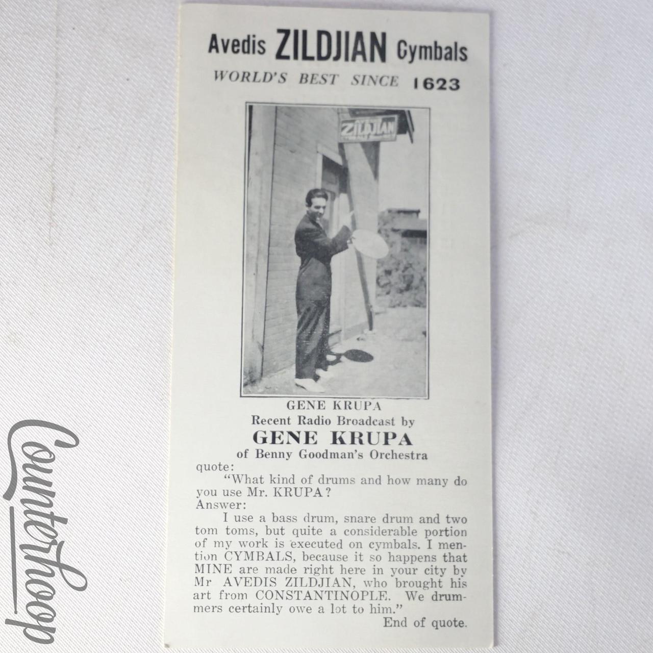 Zildjian Avedis Cymbals Gene Krupa Photo Advert Flyer 8"-16" Prices Vintage 50s — main photograph