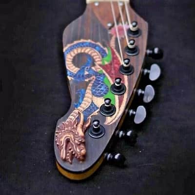 Electric Guitar Handmade by Blueberry, 6 String wood Dragon motif Guitar, Custom Handcrafted Wooden Guitar, Semi Hollow Body Guitar image 7