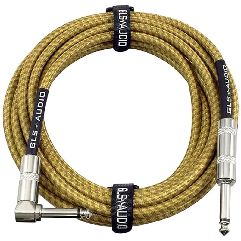 Instrument Cable - Amp Cord for Bass & Electric Guitar - Straight to Right Angle 1/4 Inch Instrument Cable - Brown/Yellow Braided Tweed, 20ft image 1