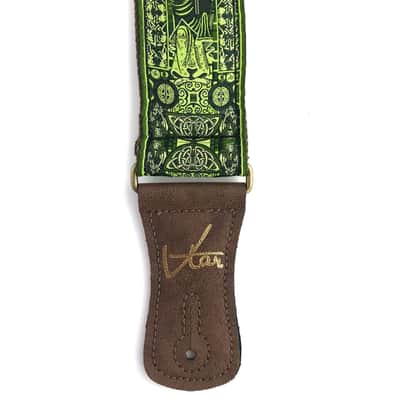 Handmade Green Irish Celtic Book Of Kells Hemp Guitar Strap by VTAR, with Brass Details and Brown Vegan Leather. For Acoustic, Bass and Electric image 3