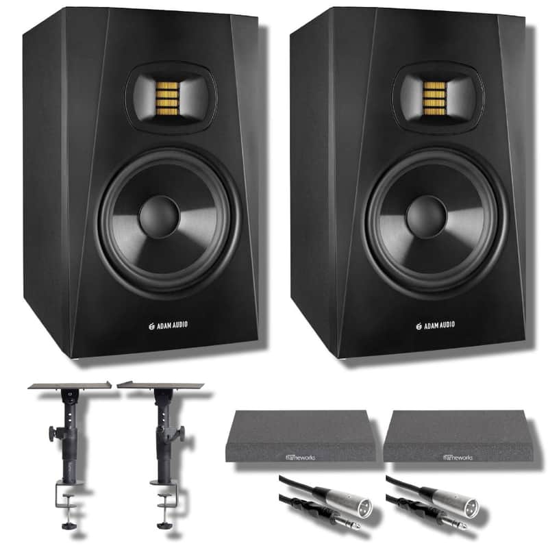 Adam Audio T8V Studio Monitor (Pair) with Foam Isolation Pads, Clamp-On Studio Monitor Stands, Professional Grade Balanced 1/4" to XLR Cables and StreamEye Polishing Cloth image 1