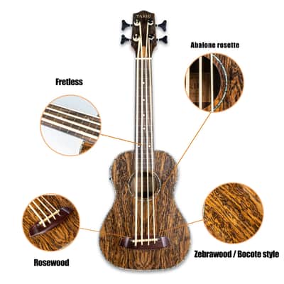 Fretless Ukulele Bass 4 String Zebrawood/Bocote Style Body, Mahogany Neck, Rosewood Fingerboard & Bridge, Aquila Strings, Sealed Tuners, Deep Warm Tone Travel Acoustic Bass image 3