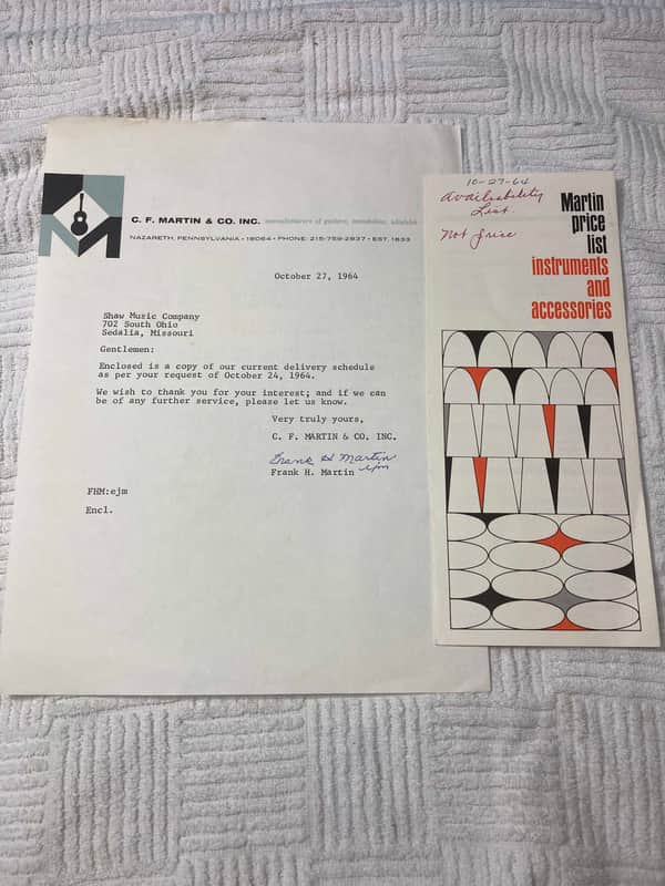 Vintage 1964 Martin Guitar Price List and Letter with Martin's Signature image 1