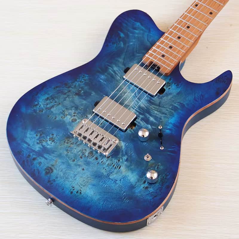 Custom Blue Burl Wood Top Electric Guitar, HH Pickups, Okoume Body, Roasted Maple Neck, 22 Frets Fingerboard image 1