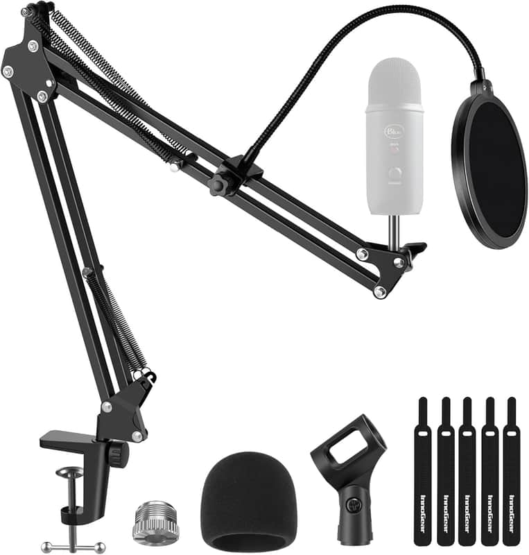 Adjustable Microphone Suspension Boom Scissor Arm Stand with Shock Mount Mic Clip Holder 3/8'' to 5/8'' Screw Adapter -for Blue Yeti, Snowball & Other Microphones image 1