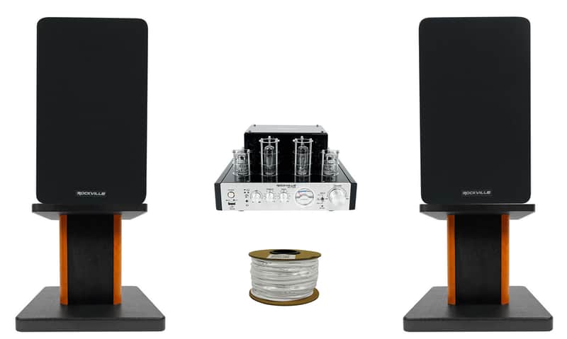 Rockville BluTube Tube Amplifier+5.25" Black Bookshelf Speakers+8" Wood Stands image 1