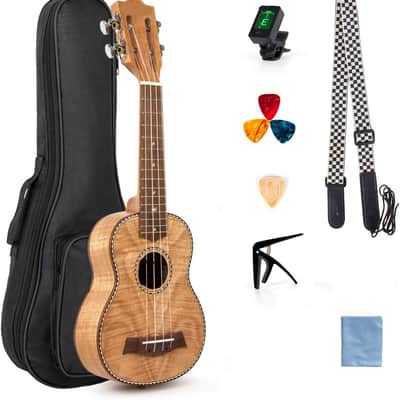 21 Inch Soprano Ukulele, Classical Headstock Hard Lightweight Okoume Ukelele, Tiger Flame Ukulele for Adult Beginners, Kids with Uke Gig Bag, Tuner, Strap, Replacement Strings, Capo Picks, etc image 1