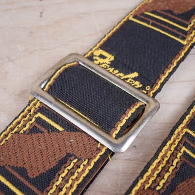 Fender Guitar Strap 1970s Black / Yellow with Brown Leather Back Vintage image 3