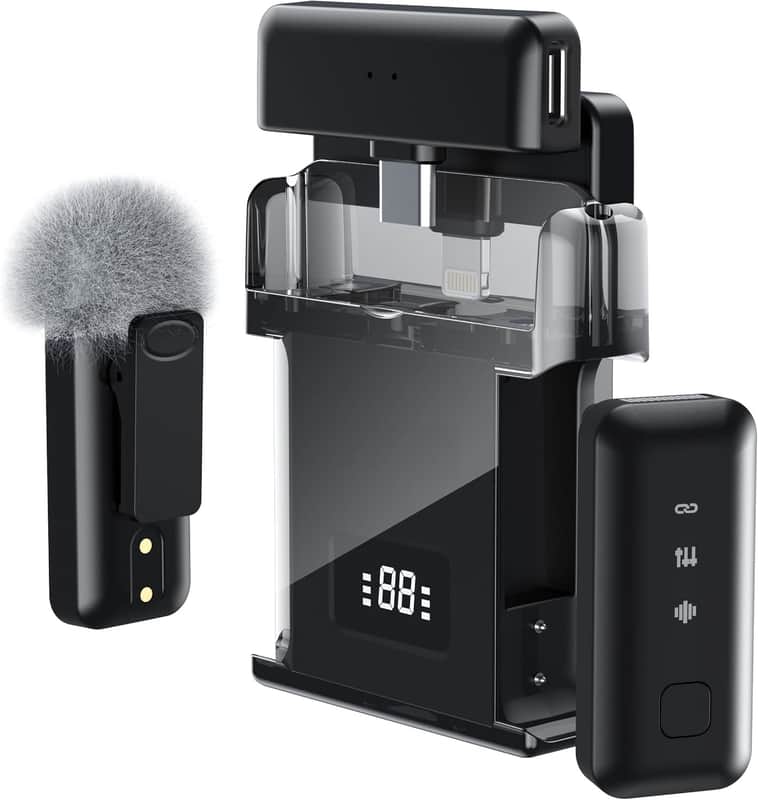 Wireless Lavalier Microphone for iPhone/Android/Laptop with Magnetic Wind Muff/Patch/Clip, Mini Mic with Noise Reduction, 35 H Battery Life via Charging Case, Lightning/USB-C/USB A Plug&Play image 1