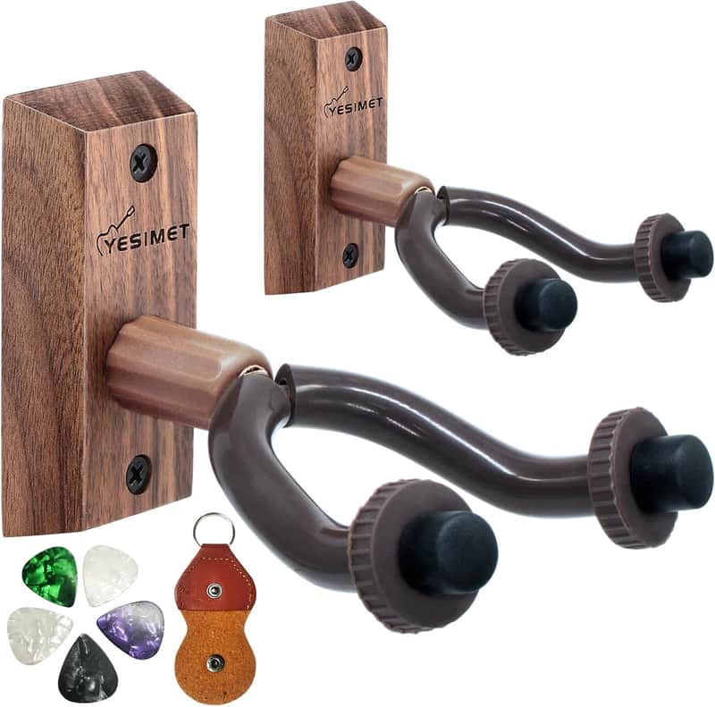 Guitar Wall Hanger, 2 Pack Black Walnut Guitar Wall Mount, Guitar Wall Hanger Sets With 5 Picks And Holder, Wood Guitar Wall Hanger For Acoustic/Electric Guitar, Banjo, Bass, Mandolin, Ukulele image 1