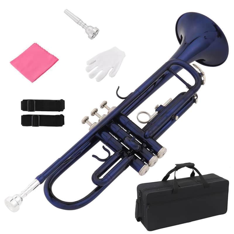 Blue Bb Trumpet – Beginner Brass Student Band Instrument with Case image 1