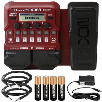 Zoom B1X Four Bass Multi-Effects Processor with Expression Pedal + Pig Hog 10ft 1/4" TRS - 1/4" TRS Cable + Pig Hog Tour Grade 10ft Instrument Cable Right Angle to Straight Connectors - PH10R + Pig Hog PP9V Pig Power 9V DC Power Supply + AA Batteries image 1