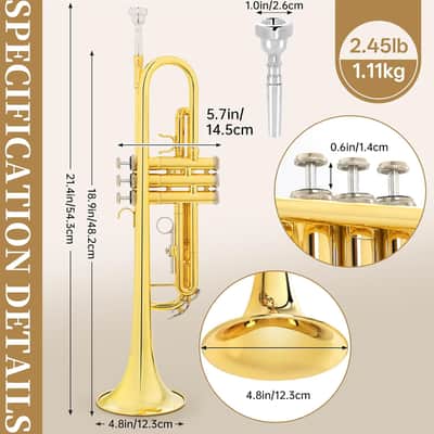 Bb Standard Trumpet, Premium Brass Trumpets for Student Beginner, Trumpet Instrument Set with Case, 7C Mouthpiece, Mute, Beginner's Guide Kit, Cleaning Kit (Gold) image 2