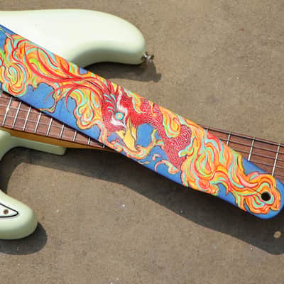 Burny Black handmade guitar strap leather - phoenix red/blue made to order - oil image 9
