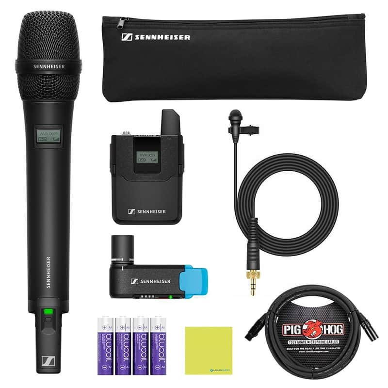 Liquid Audio Sennheiser AVX-Combo Set-4 Wireless Handheld Omnidirectional Microphone Bundle w/Pig Hog PHM10 8mm Mic Cable, 4-Pack Blucoil AA Batteries Polishing Cloth image 1