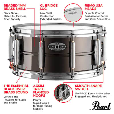Pearl 14"x6.5" SensiTone Heritage Alloy Black Nickel-over-Brass Snare Drum with Beaded Shell, 2.3mm Triple-Flanged Hoops, and 10 arched CL Lugs image 2