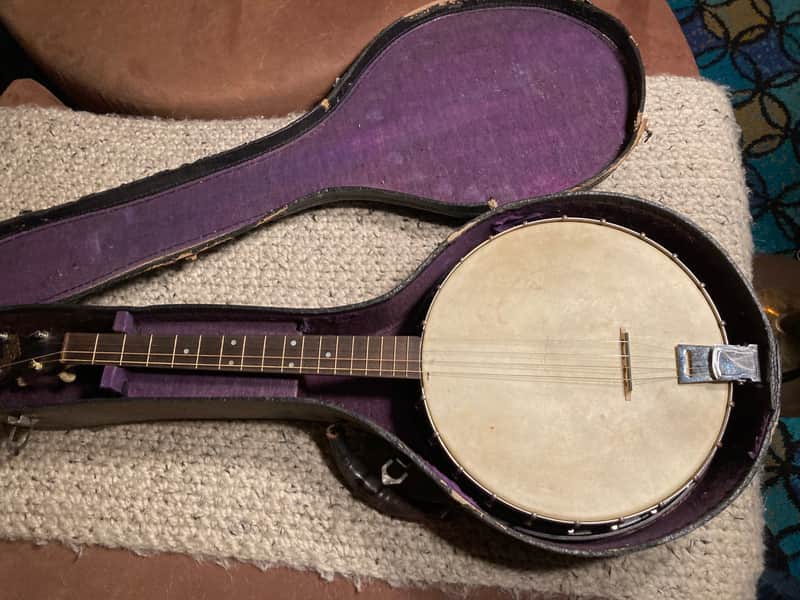 May Bell Vintage Tenor Banjo 1930's Nat brn with orig Chipboard case image 1
