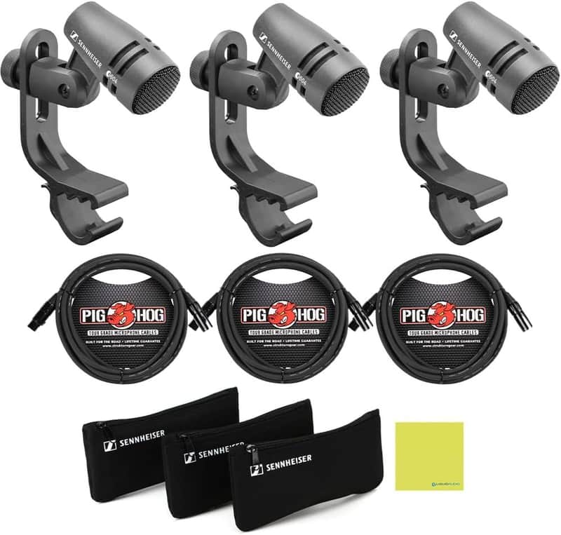 Sennheiser e 604 3-Pack Cardioid Dynamic Microphone Bundle with 3-Pack Pig Hog PHM10 8mm Microphone Cable and Instrument Polishing Cloth - Clip On Microphone, Instrument Microphone image 1