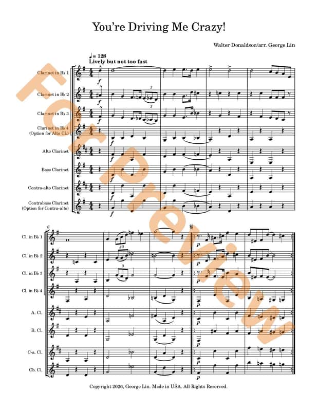 Clarinet Sheet Music - You're Driving Me Crazy! (Walter Donaldson). Arranged for clarinet choir. Full Score and Parts. image 1