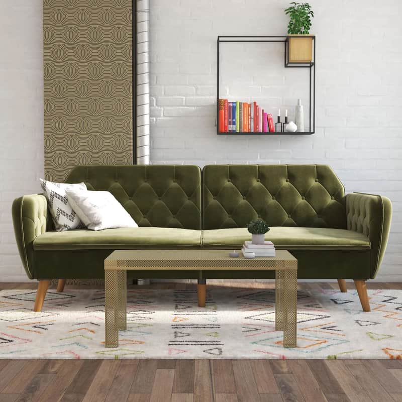 Vintage Music Studio Memory Foam Futon, Convertible Couch, Green Velvet image 1