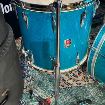Premier 4-Piece Drum Set, 22", 16", 12" and 14x5.5" Matching Snare Drum, Hardware and Cases, All Original!! 1966 - Aquamarine Sparkle image 8