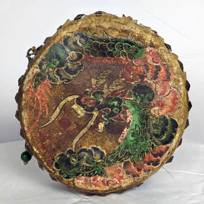 Antique Chinese Hand Painted Dragon & Phoenix Tack Drum Double Sided Percussion image 1
