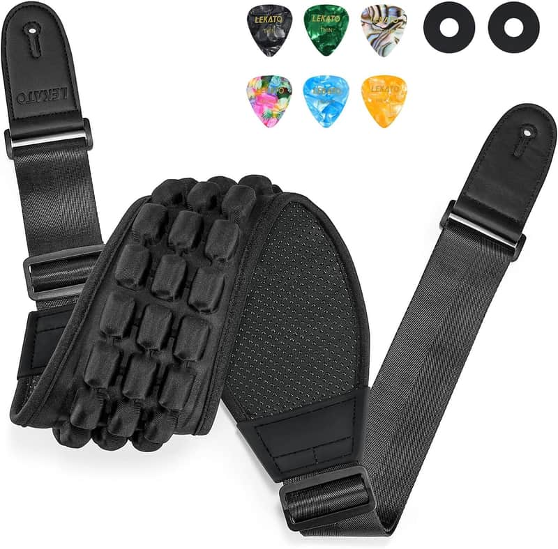 Guitar Strap for Electric Guitar Bass with 3.5″ Wide Air Cell Cushions Bass Strap Padded Guitar Straps with Strap Locks, Picks, Adjustable Length from 47″ to 60″ image 1