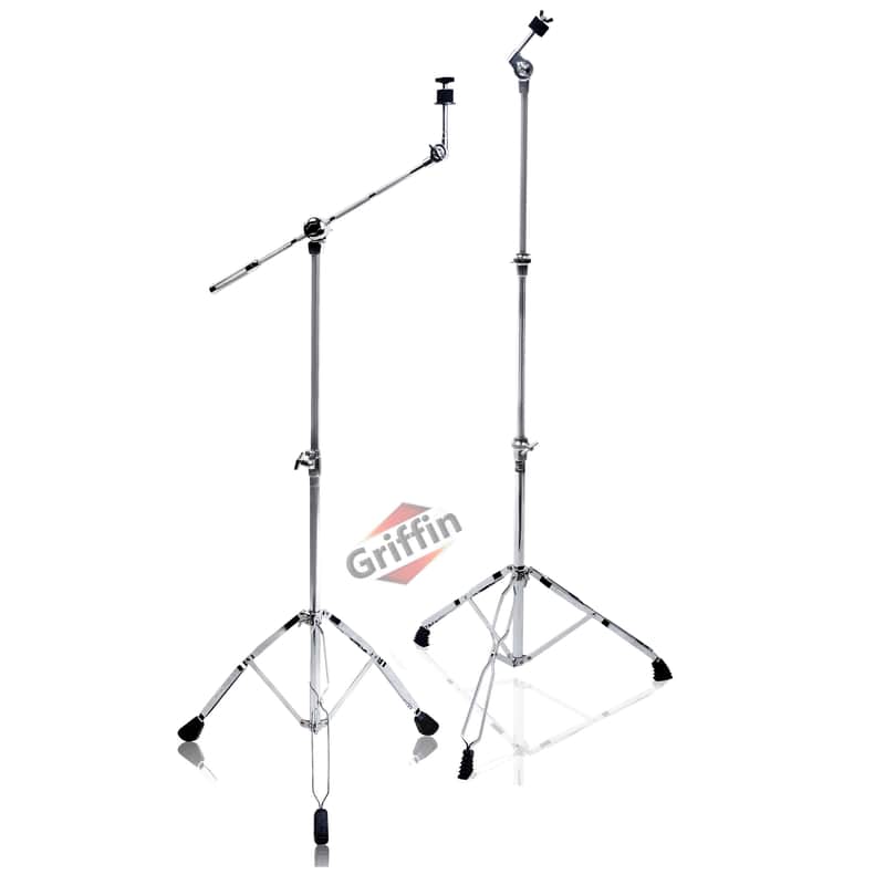Griffin Boom Cymbal Stand & Straight Cymbal Stand Combo (Pack of 2) - Percussion Drum Hardware Set for Mounting & Holding Crash, Ride, Splash Cymbals Arm Counterweight Adapter Kit & Double Braced image 1