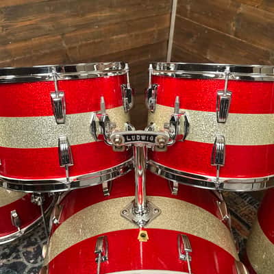 1968 Ludwig Red / Silver Sparkle Tri-Band Drum Set w/ Matching Canister Throne 22/13/13/16 image 2