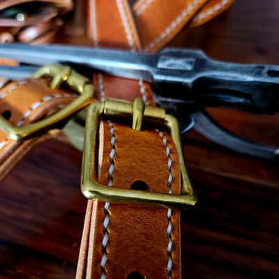 Hand Made, Hand Stitched Guitar strap "Rockatansky" in Burnt Tan & Cream - Vegetable Tanned Leather image 7