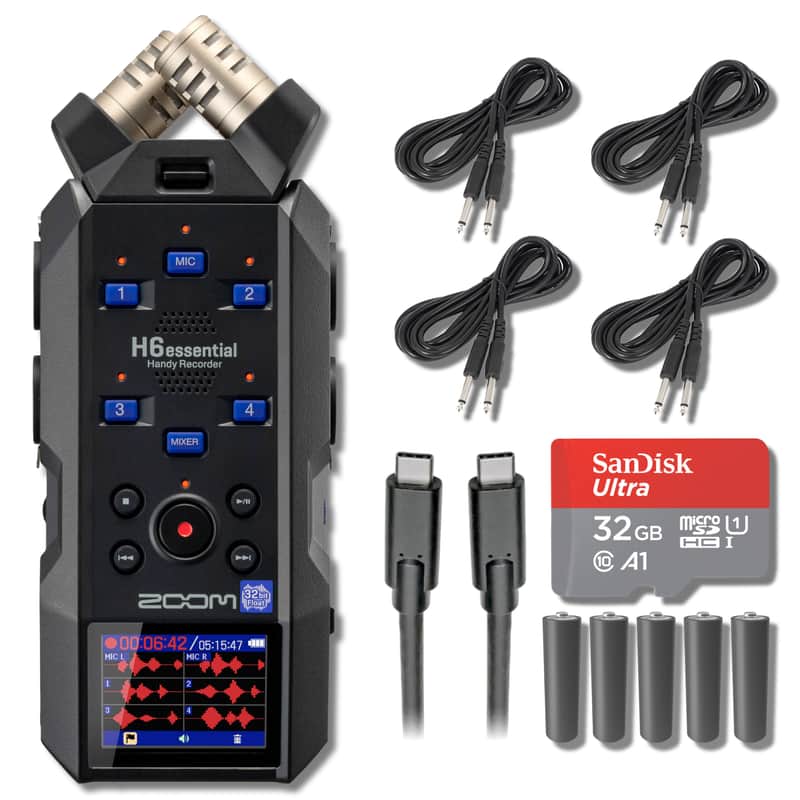 Zoom H6essential 6-Track 32-Bit Float Portable Audio Recorder with 32GB microSD Card, USB-C Cable, 25' Instrument Cables and AA Batteries image 1