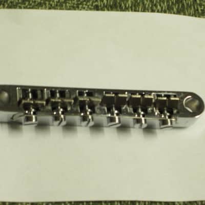 lightly used Epiphone B-2 metric ABR-1 vintage style bridge, wired,  CHROME, large posts mounting pieces (NO anchors) 1990s/2000s (for some import guitars that use this style bridge) will NOT fit on Gibson - mounting holes are too big image 20
