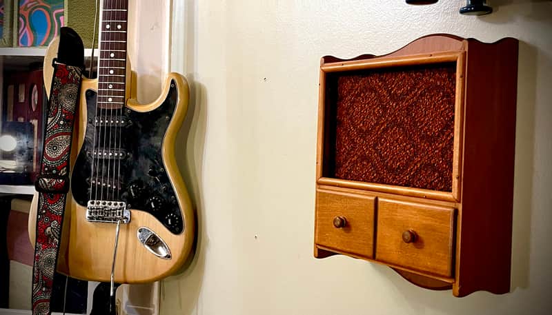 Rotary Connection Mini wallhanging guitar speaker cab. 5” Jensen Mod 5/30 speaker. Lil’ drawer for picks. Vintage style/sound. 2026 - Wood image 1