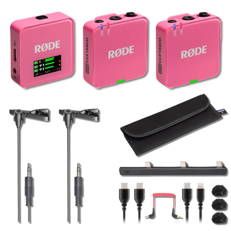 Rode WIGOGEN3PIN Wireless GO (Gen 3) Compact Wireless Microphone System (Pink Limited Edition) Bundle with Two Audio-Technica ATR3350xiS Omnidirectional Lavalier Microphones image 1