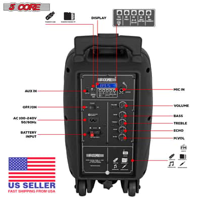 5 Core Party Speaker Bluetooth 250W Big Powered Rechargeable Outdoor PA DJ System w 2 Wireless Mics image 6