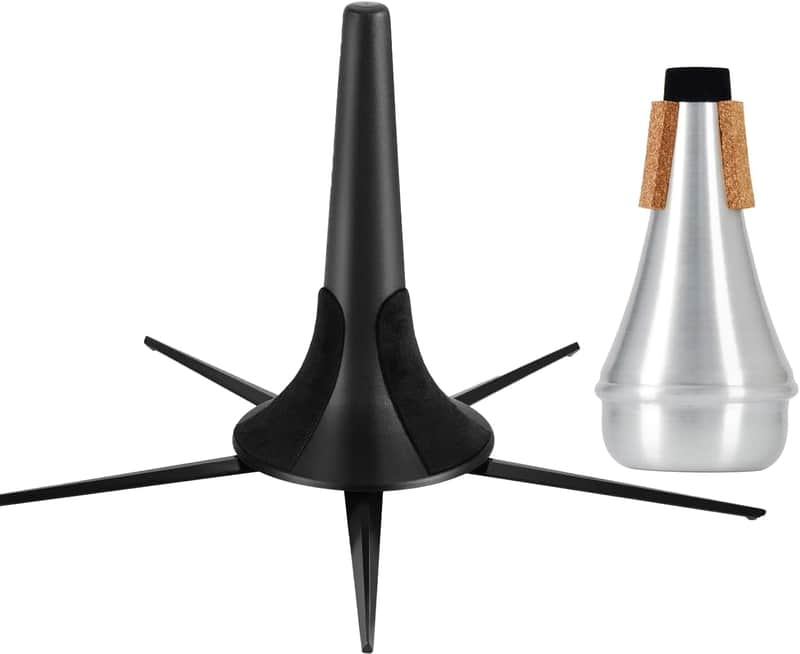 Trumpet Stand, Trumpet Mute Kit Portable Trumpet Stand Holder Foldable Detachable Stable Metal 5 Legs Stand And Trumpet Mute Silencer,Lightweight Aluminum Trumpet Practice Mute image 1
