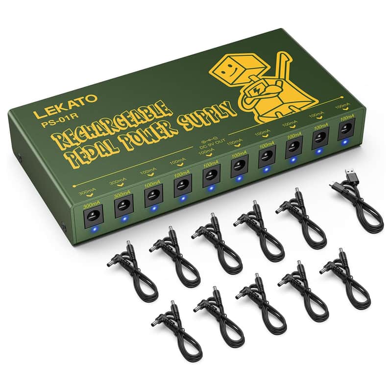 LEKATO PS-01R Built-in 10000mAh Rechargeable Battery Guitar Pedal Power Supply, 10 Isolated DC Outputs, 9V 300mA, 100mA Effect Pedal Boards Power Supply, 5V/1A USB Port, Short Circuit Protection image 1