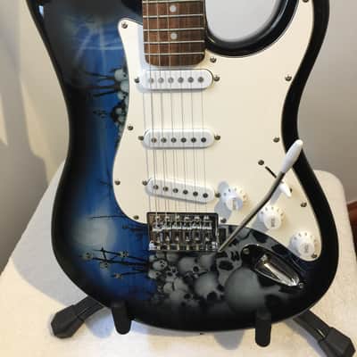 Jaxville Jaxvile Custom Reaper Strat 6 String Electric Guitar Blue / Skull Blue/Black image 1