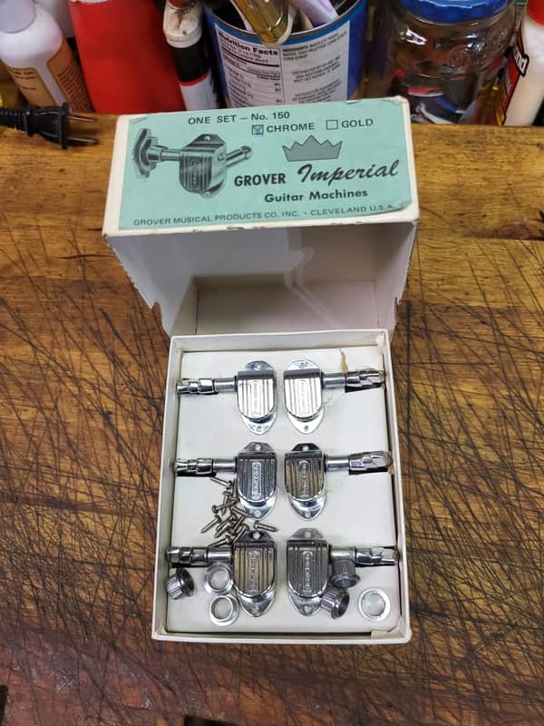 Vintage 1960's New Old Stock Grover Imperial Model 150 Guitar Tuner Set Grommets Screws Opened Box Luthiers Parts image 1